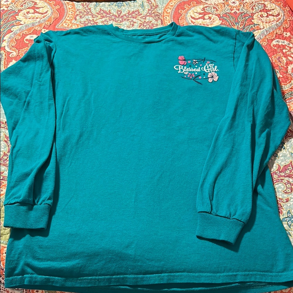 Vibrant Teal Long Sleeve Crew Neck Tee with Ribbed Cuffs